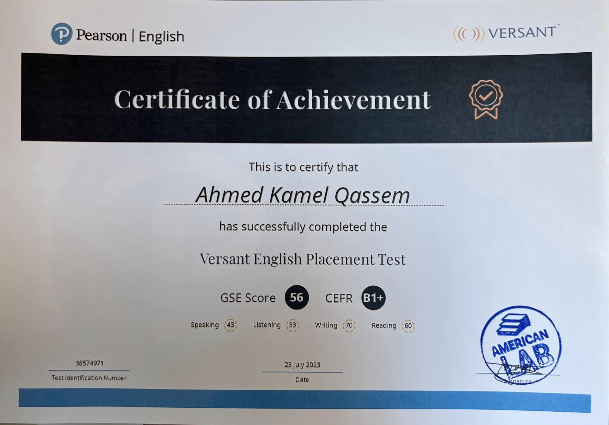 Versant English placement certificate