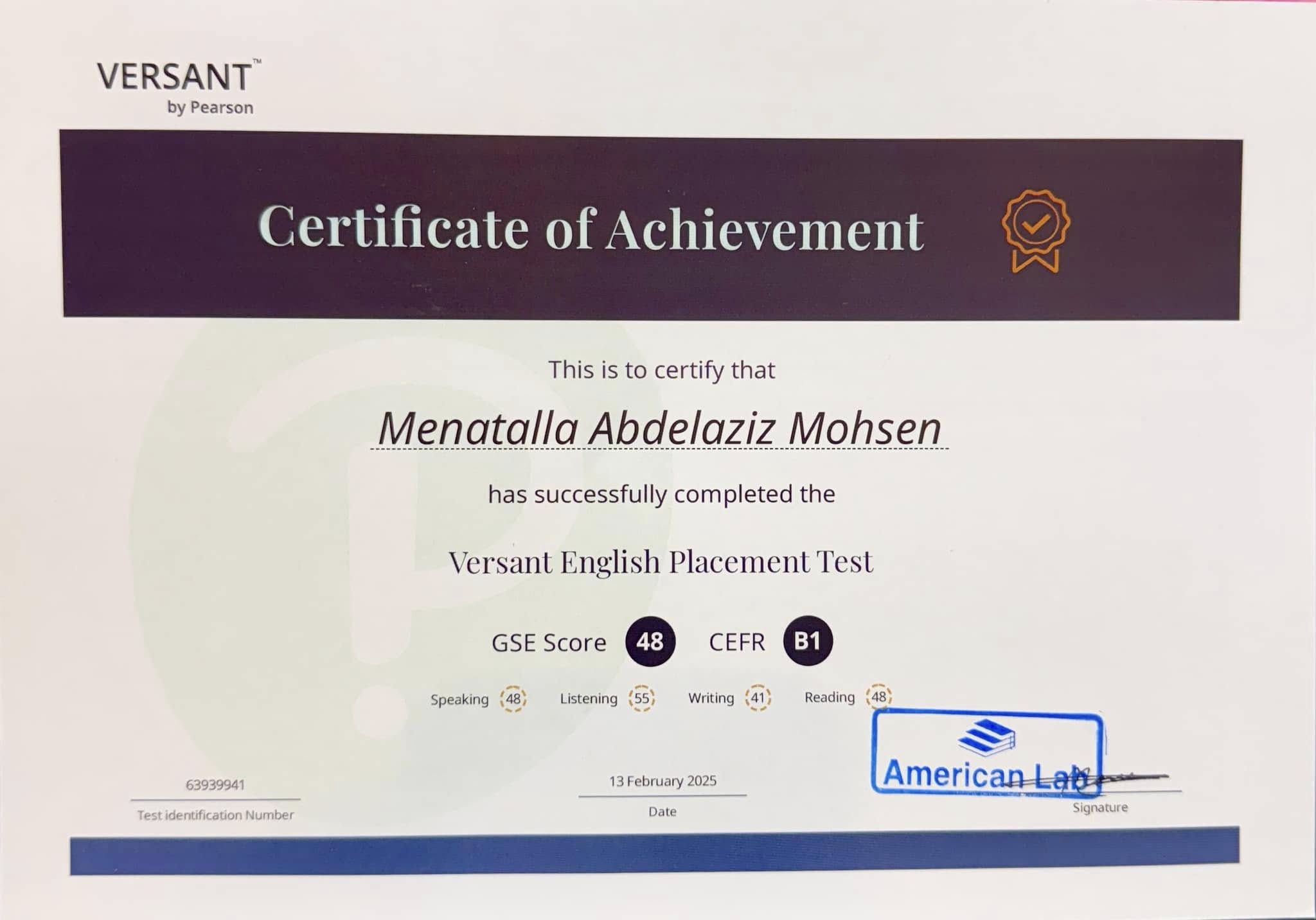 Versant certificate issued through American Lab