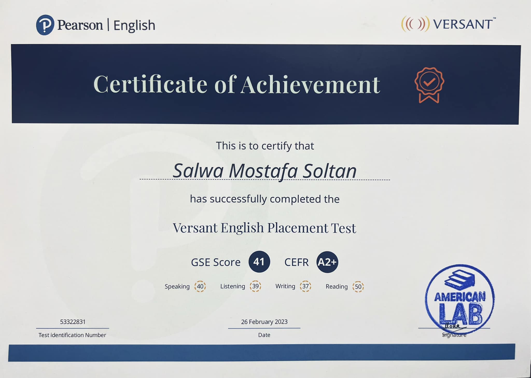 Student certificate from American Lab