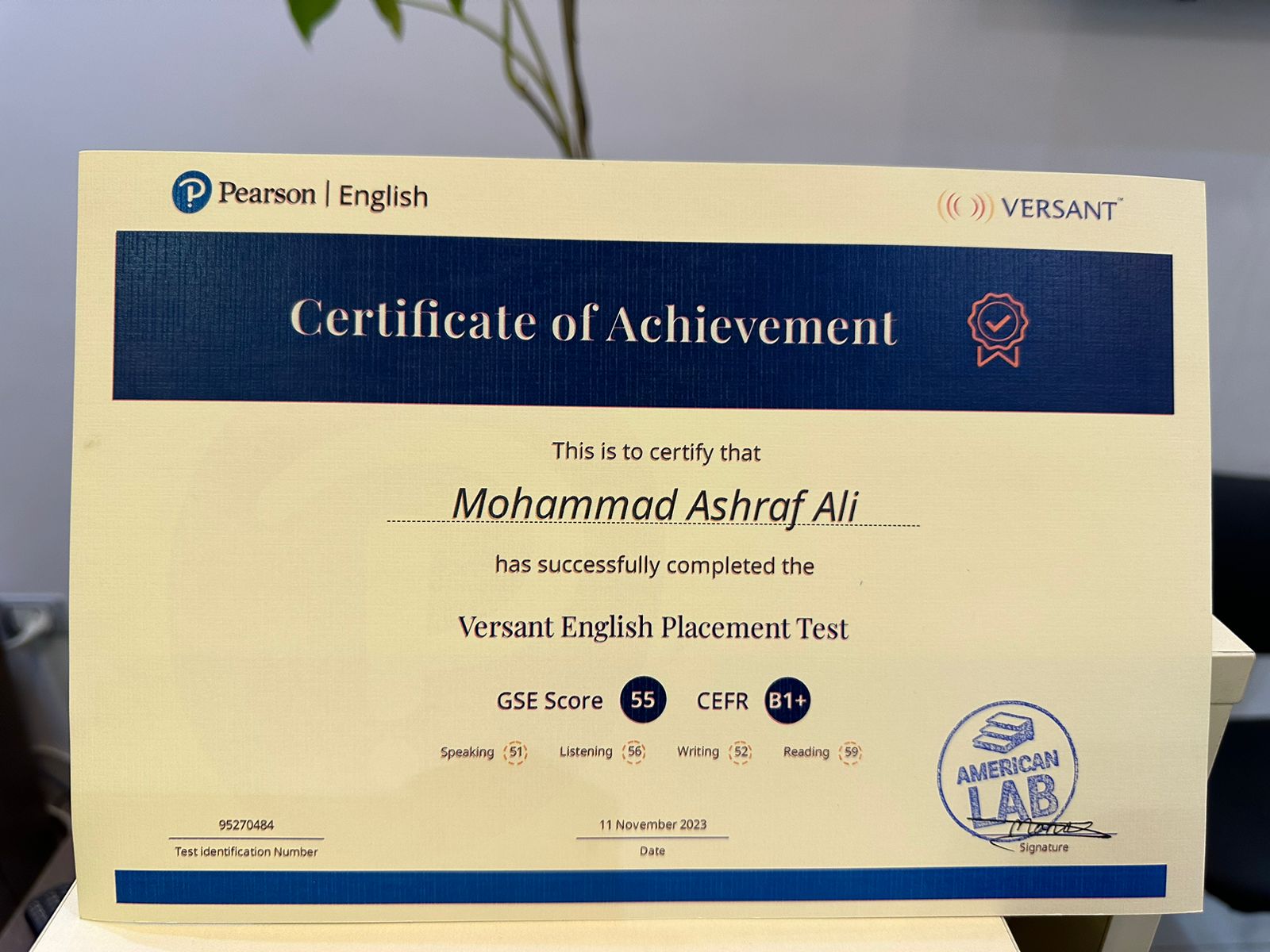 Certificate of achievement at American Lab